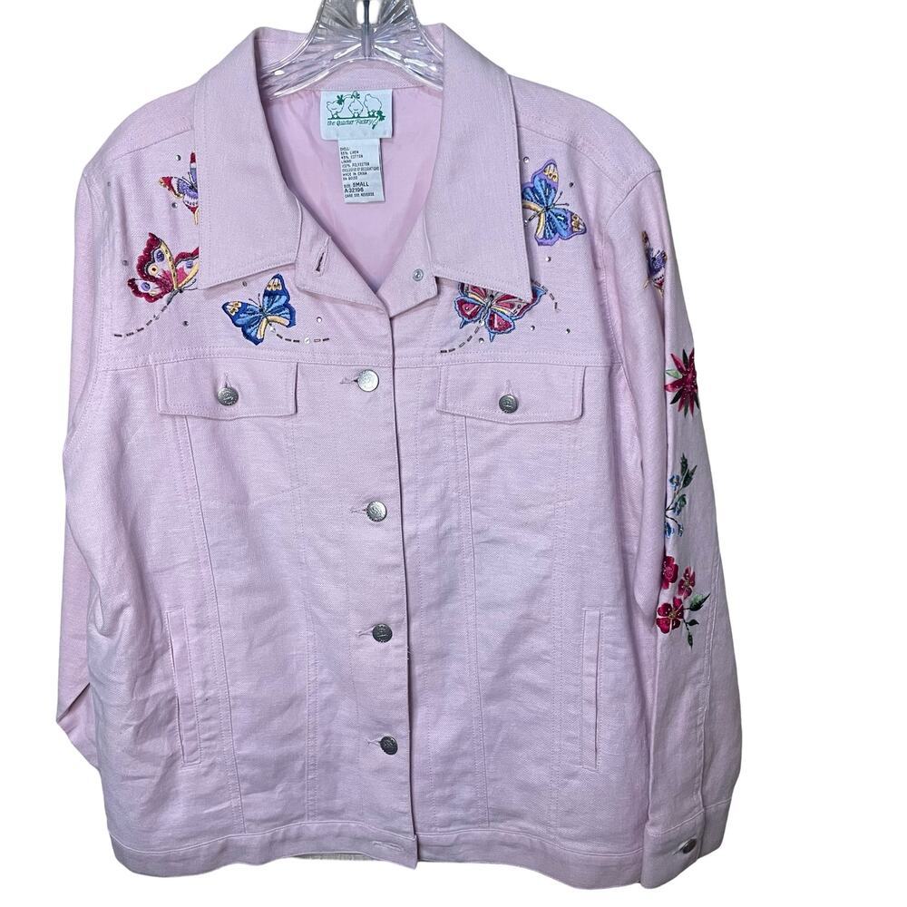 Quacker Factory Pink Linen Blend Embroidered Butterfly & Floral Jacket Sz small